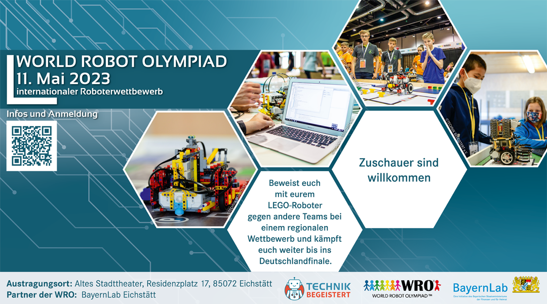 Informationsplakat zur Veranstaltung World Robot Olympiad am 11. Mai 2023 in Eichstätt. Im mittleren Bereich des Plakat steht die Veranstaltungsbeschreibung: 